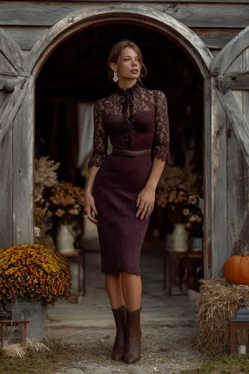 A woman wears a dark plum midi dress with lace overlay, paired with heeled boots and pearl earrings