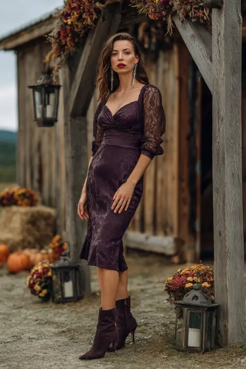 A woman wears a dark plum midi dress with lace overlay, paired with heeled boots and pearl earrings