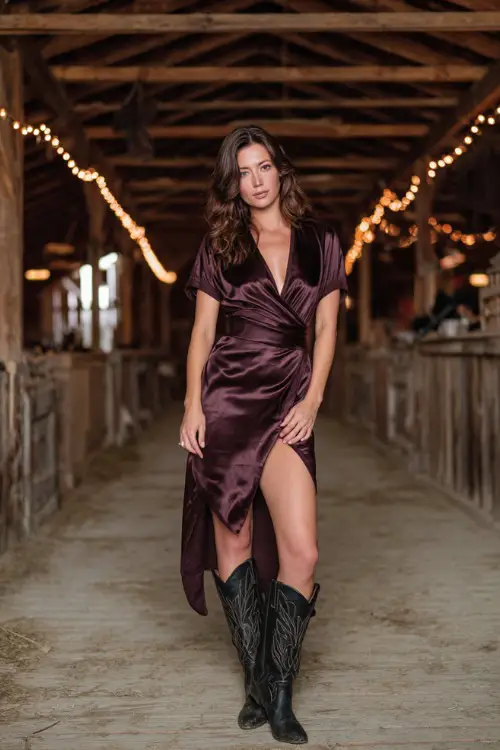 A woman wears a dark plum satin wrap dress with slit, styled with black leather cowboy boots, standing inside a rustic barn venue glowing with fairy lights 