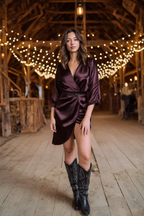 A woman wears a dark plum satin wrap dress with slit, styled with black leather cowboy boots, standing inside a rustic barn venue glowing with fairy lights