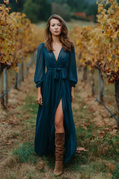 A woman wears a dark teal chiffon maxi dress with a belted waist and slit, styled with tall suede boots, standing in a vineyard wedding setting with golden October vines