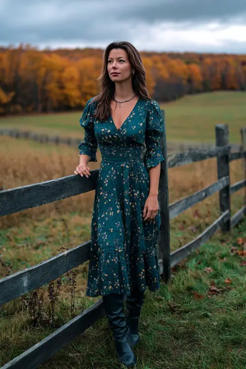 A woman wears a dark teal floral midi dress with flutter sleeves, paired with block-heeled boots and silver jewelry 