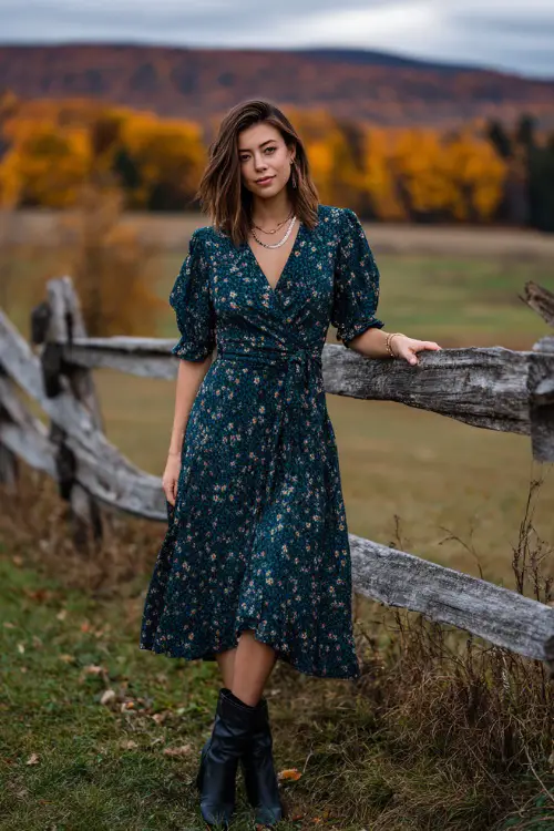 A woman wears a dark teal floral midi dress with flutter sleeves, paired with block-heeled boots and silver jewelry, standing in front of a countryside wooden fence with golden fall trees