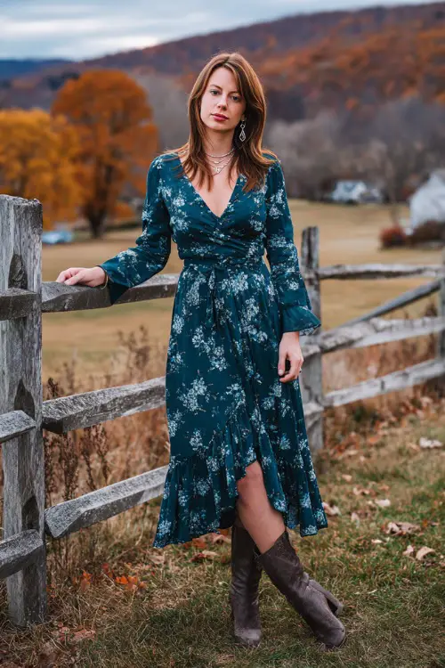 A woman wears a dark teal floral midi dress with flutter sleeves, paired with block-heeled boots and silver jewelry
