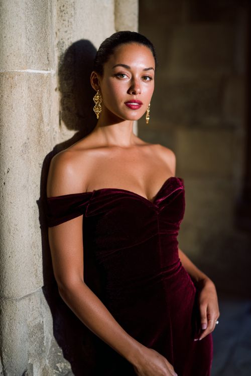 A woman wears a deep burgundy velvet off-the-shoulder gown with a fitted bodice, floor-length skirt, and gold statement earrings at a candlelit cathedral wedding