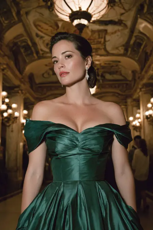 A woman wears a deep emerald green satin gown with an off-the-shoulder neckline, floor-length skirt, and silver drop earrings in a grand ballroom setting
