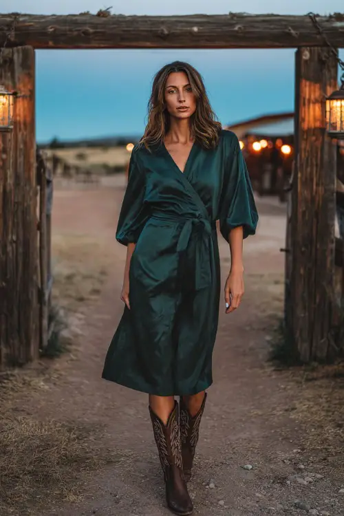 A woman wears a deep emerald green satin midi dress with a belted waist, styled with embroidered cowboy boots, standing near a rustic wooden archway with lanterns glowing at dusk 