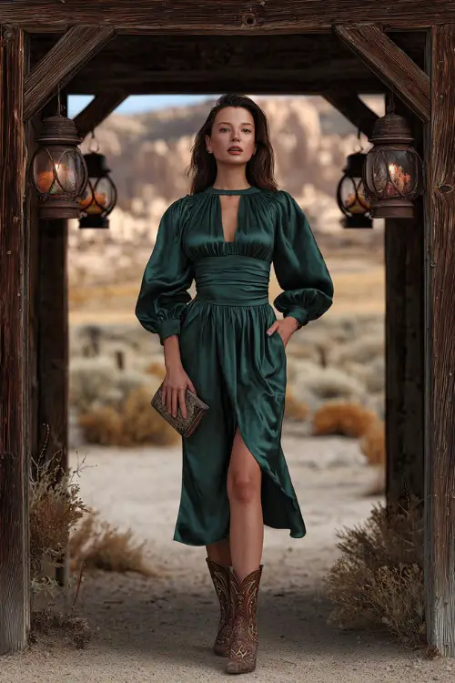A woman wears a deep emerald green satin midi dress with a belted waist, styled with embroidered cowboy boots, standing near a rustic wooden archway with lanterns glowing at dusk