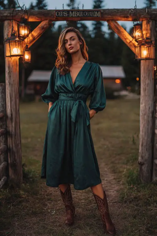 A woman wears a deep emerald green satin midi dress with a belted waist, styled with embroidered cowboy boots