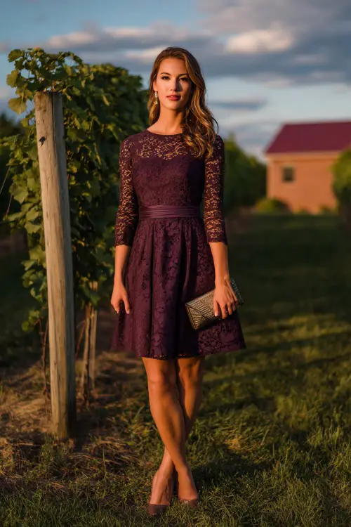 A woman wears a deep plum A-line cocktail dress with lace overlay, pumps, and a matching clutch at a vineyard wedding during golden hour 