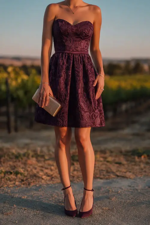 A woman wears a deep plum A-line cocktail dress with lace overlay, pumps, and a matching clutch at a vineyard wedding during golden hour 