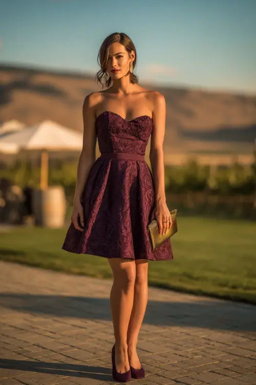 A woman wears a deep plum A-line cocktail dress with lace overlay, pumps, and a matching clutch at a vineyard wedding during golden hour 