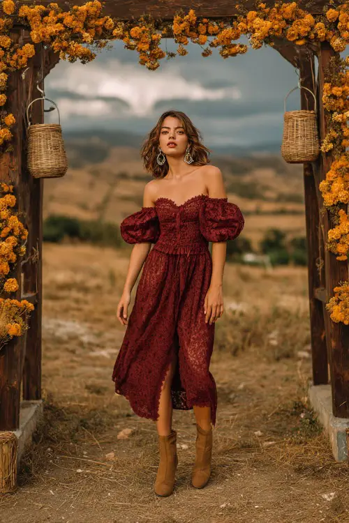A woman wears a deep red lace midi dress with scalloped sleeves, accessorized with ankle boots and hoop earrings 