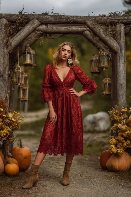 A woman wears a deep red lace midi dress with scalloped sleeves, accessorized with ankle boots and hoop earrings 
