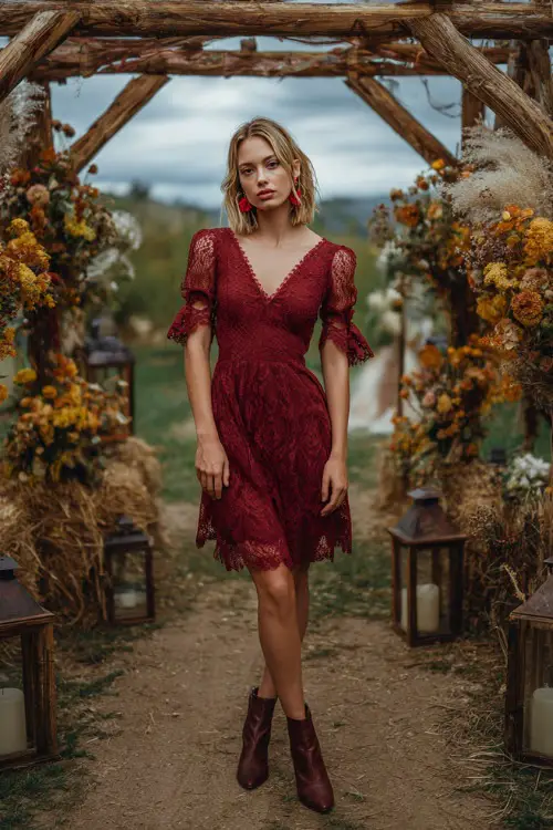 A woman wears a deep red lace midi dress with scalloped sleeves, accessorized with ankle boots and hoop earrings