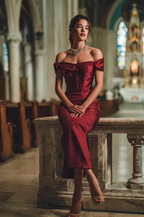 A woman wears a deep red off-the-shoulder satin gown with a fitted waist, gemstone necklace, and stiletto heels at an ornate cathedral wedding