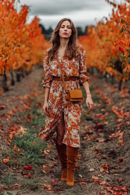 A woman wears a floral print midi dress in autumn tones, styled with suede boots and a small crossbody clutch, standing in an orchard filled with orange and red fall leaves 