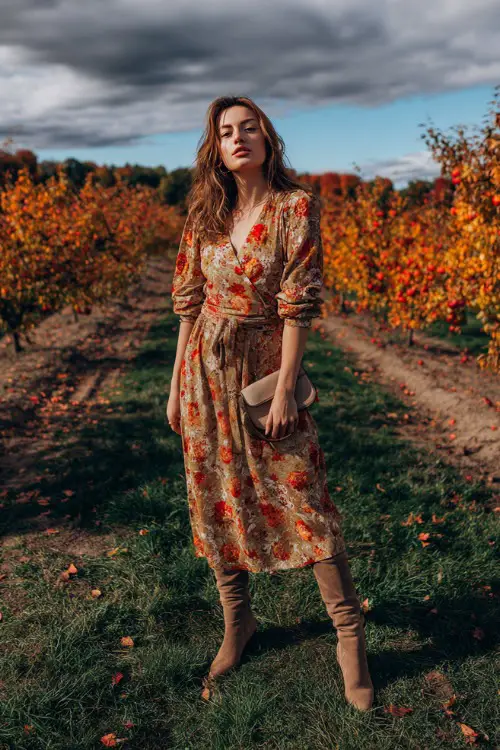 A woman wears a floral print midi dress in autumn tones, styled with suede boots and a small crossbody clutch, standing in an orchard filled with orange and red fall leaves
