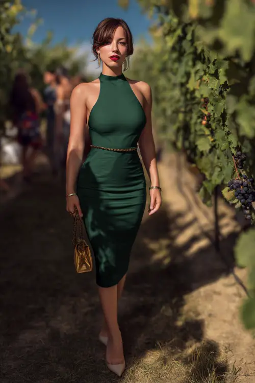 A woman wears a hunter green high-neck midi cocktail dress, pointed-toe heels, and a chain-strap bag at a vineyard wedding 
