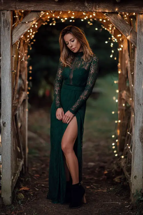 A woman wears a hunter green lace maxi dress with a fitted bodice and sheer sleeves, paired with heeled boots, standing under a rustic wooden arch lit with fairy lights 