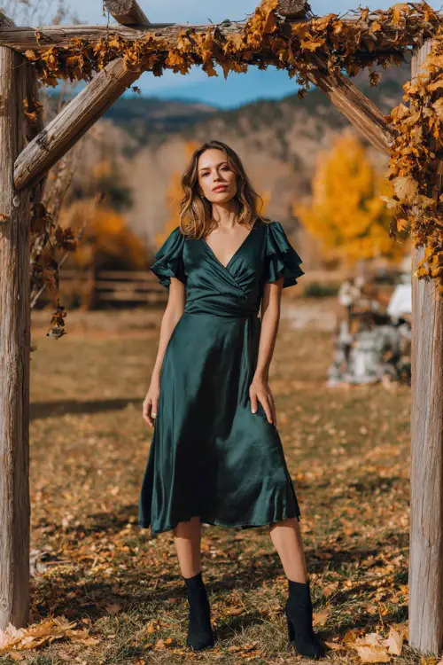 A woman wears a hunter green satin midi dress with flutter sleeves, paired with black ankle boots, standing near a wooden wedding arch with golden October leaves scattered