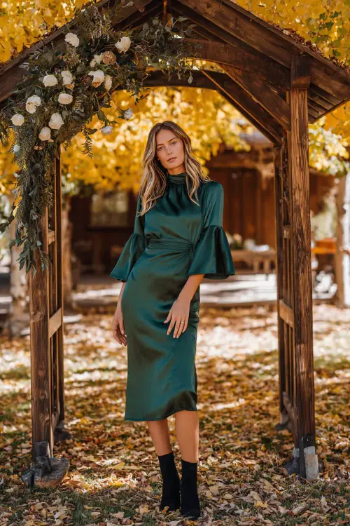 A woman wears a hunter green satin midi dress with flutter sleeves, paired with black ankle boots