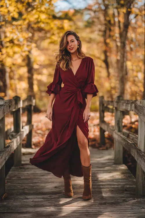 A woman wears a long burgundy chiffon wrap dress with flutter sleeves, paired with heeled brown boots, standing on a wooden bridge surrounded by golden fall trees at a country wedding 