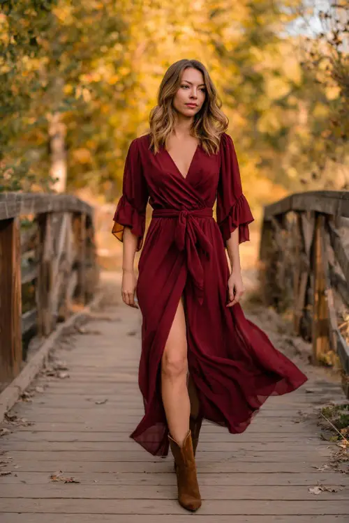 A woman wears a long burgundy chiffon wrap dress with flutter sleeves, paired with heeled brown boots, standing on a wooden bridge surrounded by golden fall trees at a country wedding