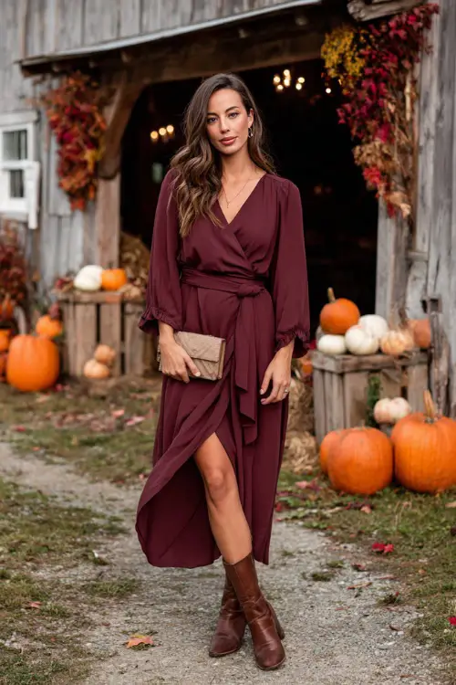 A woman wears a long burgundy chiffon wrap dress with flutter sleeves, styled with brown leather ankle boots and a clutch