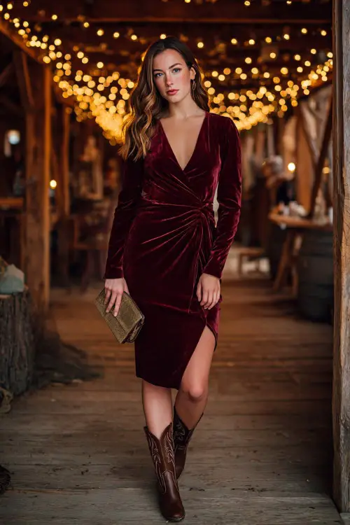 A woman wears a maroon velvet midi dress with long sleeves, paired with western-inspired boots and a clutch, posing inside a rustic barn venue decorated with string lights 