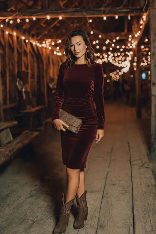 A woman wears a maroon velvet midi dress with long sleeves, paired with western-inspired boots and a clutch, posing inside a rustic barn venue decorated with string lights