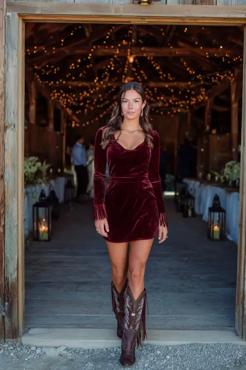 A woman wears a maroon velvet skater dress with long sleeves, styled with fringe-detailed cowboy boots, standing at the entrance of a barn wedding decorated with lanterns 