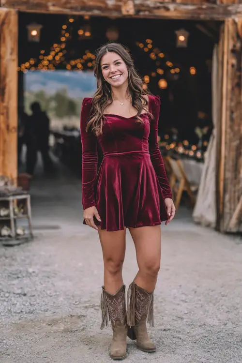 A woman wears a maroon velvet skater dress with long sleeves, styled with fringe-detailed cowboy boots, standing at the entrance of a barn wedding decorated with lanterns
