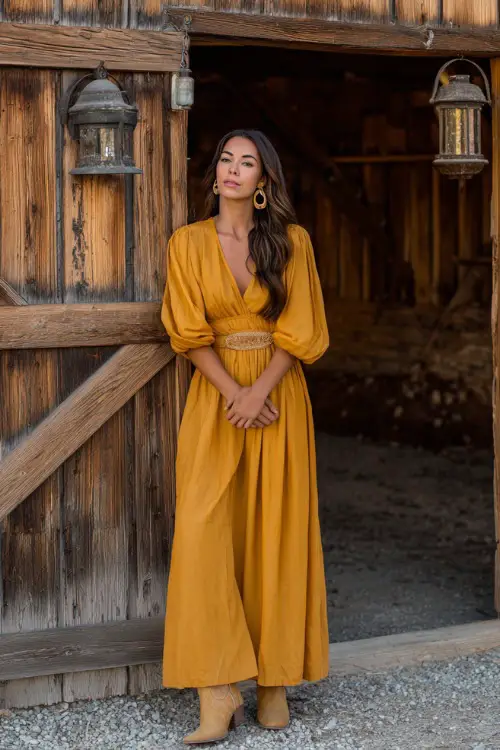 A woman wears a mustard yellow chiffon maxi dress with a cinched waist and flowing skirt, accessorized with cowboy boots and gold hoop earrings 