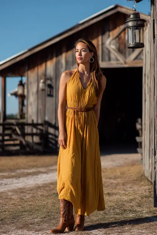 A woman wears a mustard yellow chiffon maxi dress with a cinched waist and flowing skirt, accessorized with cowboy boots and gold hoop earrings