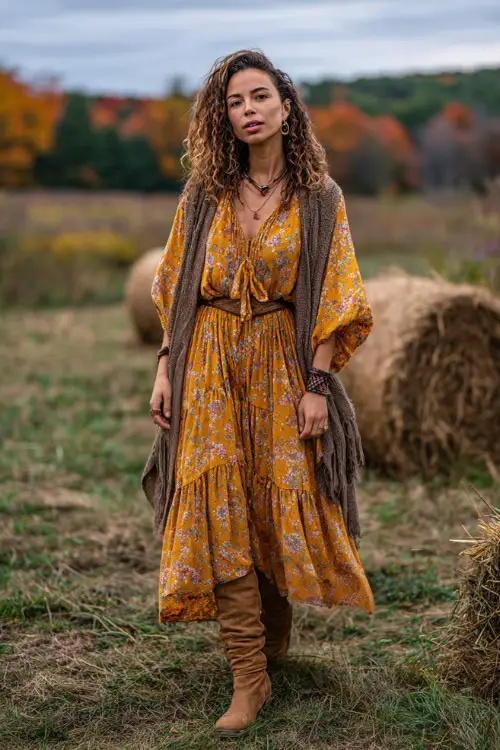 A woman wears a mustard yellow floral midi dress with a tiered skirt, styled with tan suede boots and a shawl, standing in an open meadow with hay bales and fall foliage 