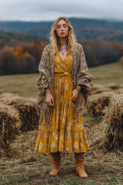 A woman wears a mustard yellow floral midi dress with a tiered skirt, styled with tan suede boots and a shawl, standing in an open meadow with hay bales and fall foliage