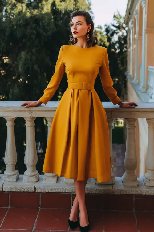 A woman wears a mustard yellow long-sleeve midi cocktail dress with a belted waist, black heels, and drop earrings at a terrace ceremony 