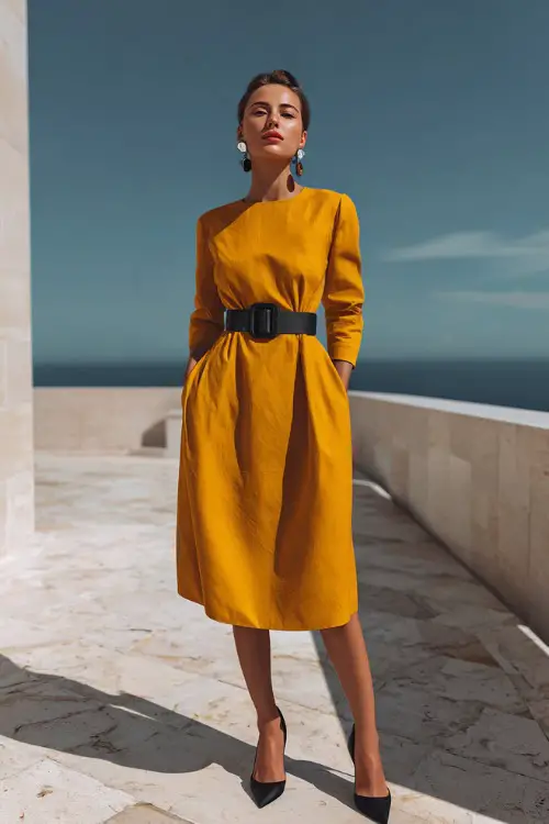 A woman wears a mustard yellow long-sleeve midi cocktail dress with a belted waist, black heels, and drop earrings at a terrace ceremony