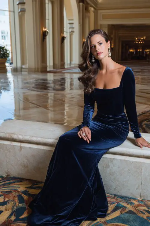 A woman wears a navy blue velvet mermaid gown with a square neckline, long sleeves, and crystal drop earrings in a luxury hotel reception hall