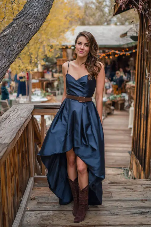 A woman wears a navy satin high-low dress with a belted waist, accessorized with brown boots, standing on a wooden deck overlooking a rustic October wedding reception 