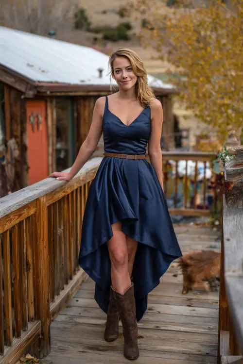 A woman wears a navy satin high-low dress with a belted waist, accessorized with brown boots, standing on a wooden deck overlooking a rustic October wedding reception 