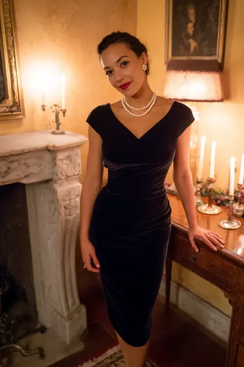 A woman wears a navy velvet sheath cocktail dress with cap sleeves, a pearl necklace, and pointed-toe pumps at a candlelit reception