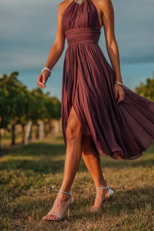 A woman wears a plum chiffon gown with a pleated skirt, silver heels, and a pearl bracelet at a vineyard ceremony during sunset
