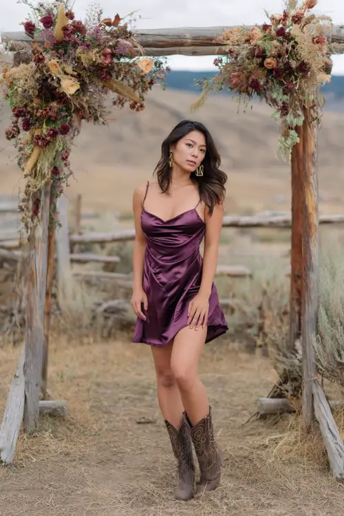 A woman wears a plum satin dress with a flowy skirt, styled with western-inspired boots and gold earrings, standing beneath a rustic wooden arch draped in fall florals 