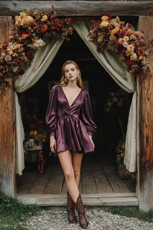 A woman wears a plum satin dress with a flowy skirt, styled with western-inspired boots and gold earrings, standing beneath a rustic wooden arch draped in fall florals