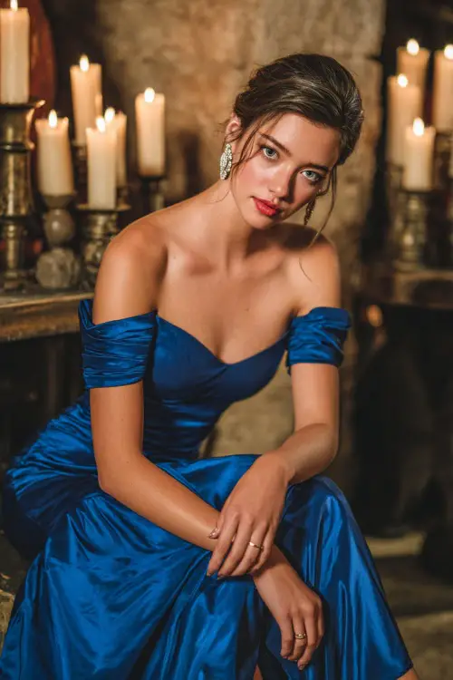 A woman wears a royal blue off-the-shoulder gown with draped sleeves, diamond earrings, and matching heels in a candlelit reception hall