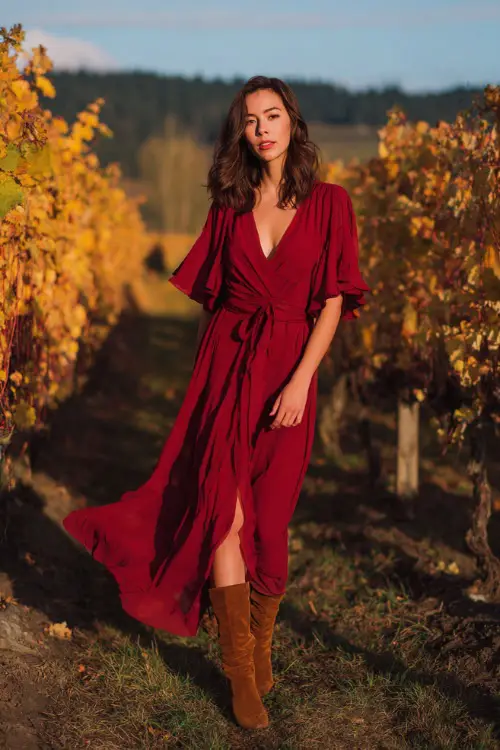 A woman wears a ruby red chiffon maxi dress with flutter sleeves and flowing skirt, paired with tall boots, standing in a vineyard wedding setting with golden October vines 