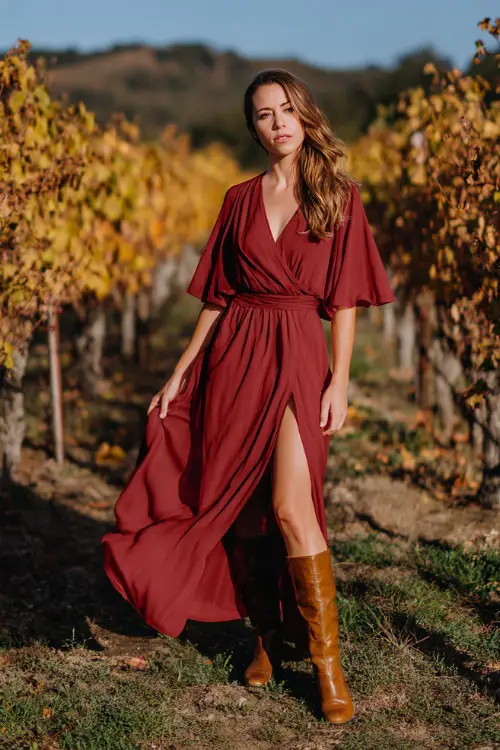 A woman wears a ruby red chiffon maxi dress with flutter sleeves and flowing skirt, paired with tall boots, standing in a vineyard wedding setting with golden October vines