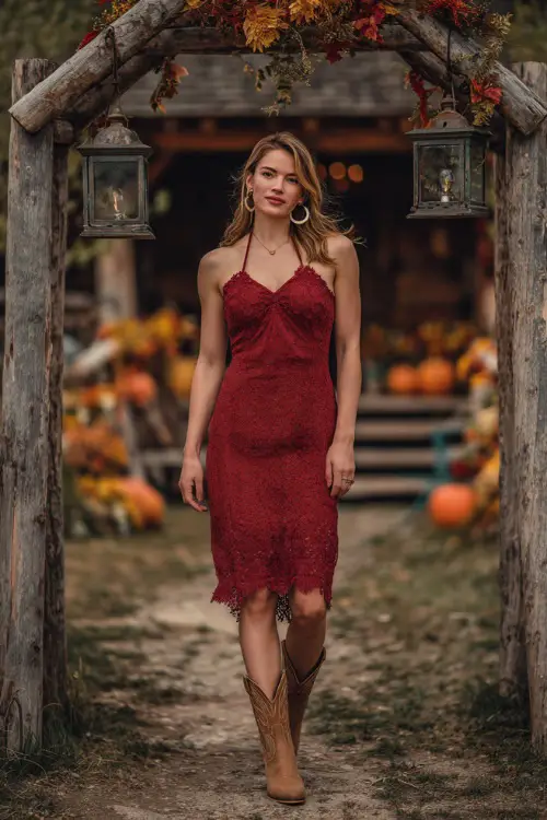 A woman wears a ruby red lace midi dress with scalloped hem, styled with tan cowboy boots and hoop earrings, standing beneath a rustic wooden arch lit with lanterns and autumn garlands 
